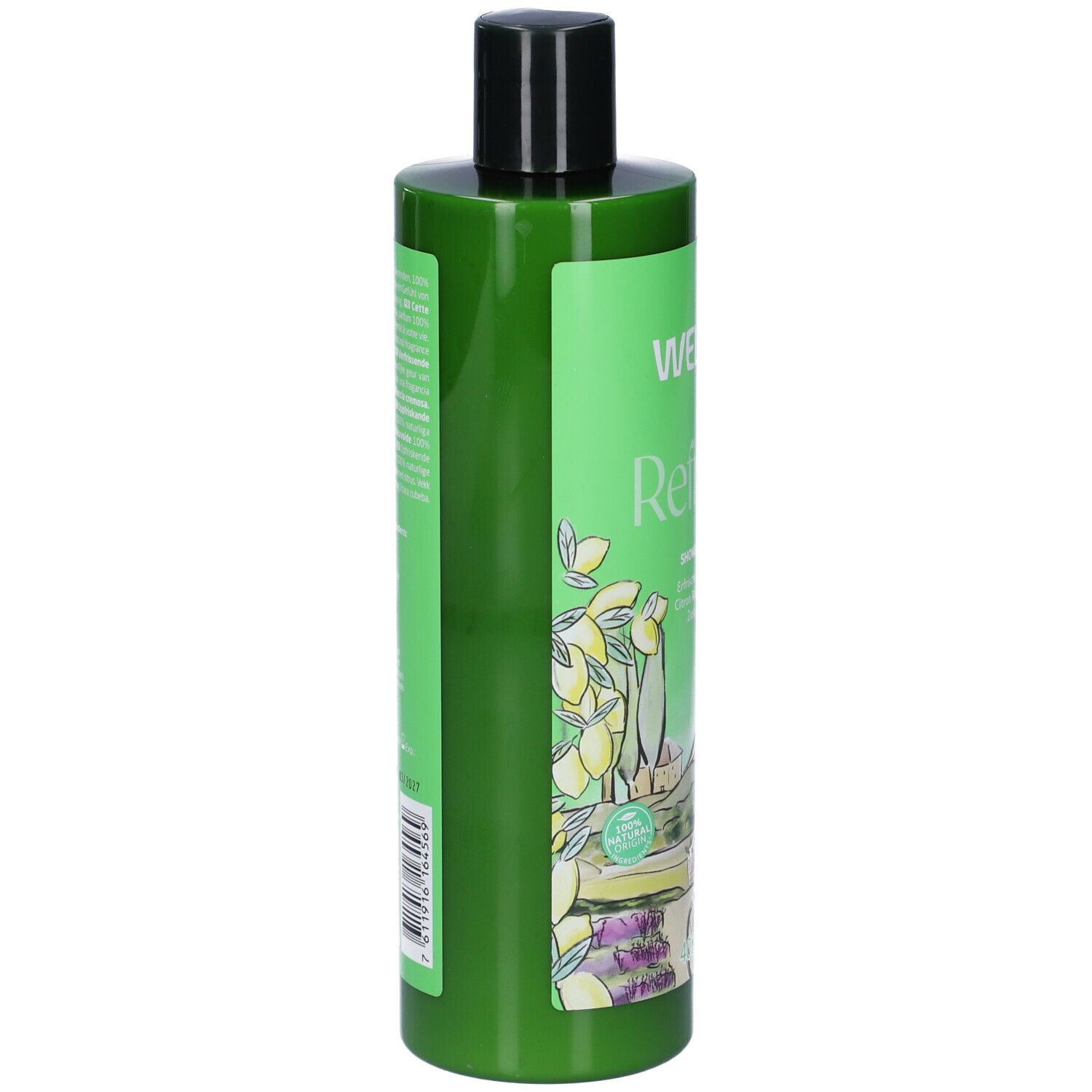 Flacone verde con tappo nero. Vista laterale con testo e codice a barre. Nome del prodotto parzialmente visibile.