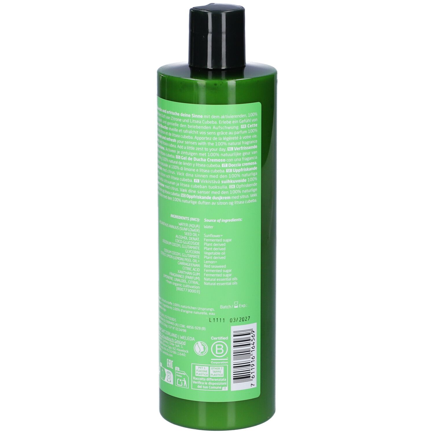 Flacone verde con tappo nero. Retro con testo, ingredienti e loghi. Codice a barre in basso.