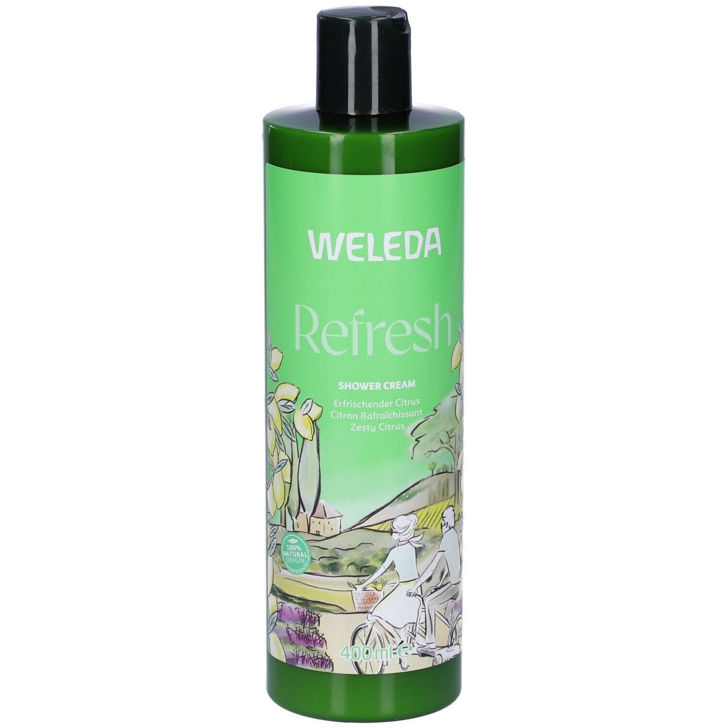 Flacone verde con tappo nero. Scritta: WELEDA Refresh. Illustrazione di paesaggio e persone.