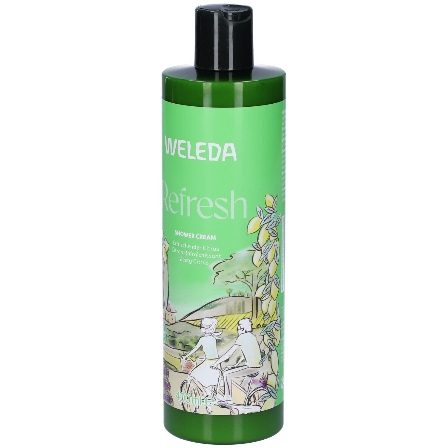 Flacone verde con tappo nero. Scritta: WELEDA Refresh. Illustrazione di paesaggio e persone.