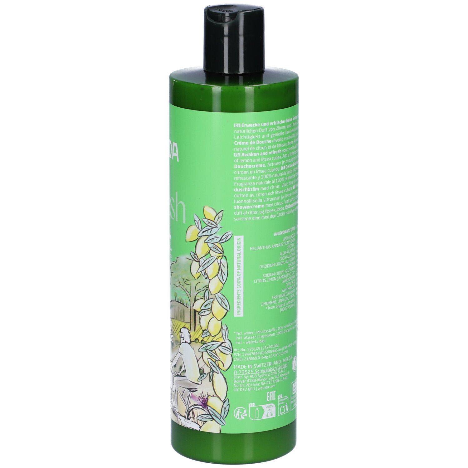 Flacone verde con tappo nero. Retro con testo, ingredienti e loghi. Codice a barre in basso.