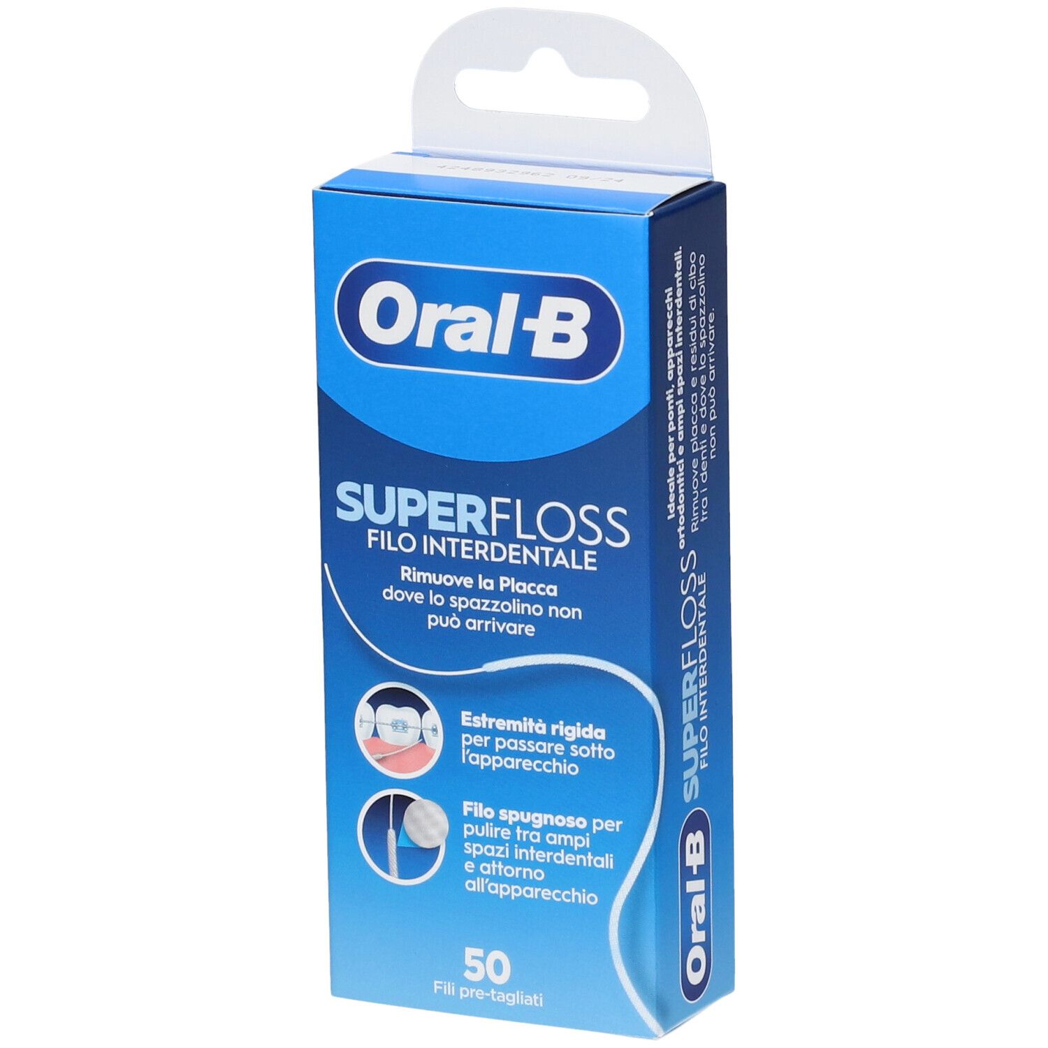 Blau-weiße Verpackung mit Produktnamen und Logo. Enthält 50 vorgeschnittene Zahnseidenstücke.