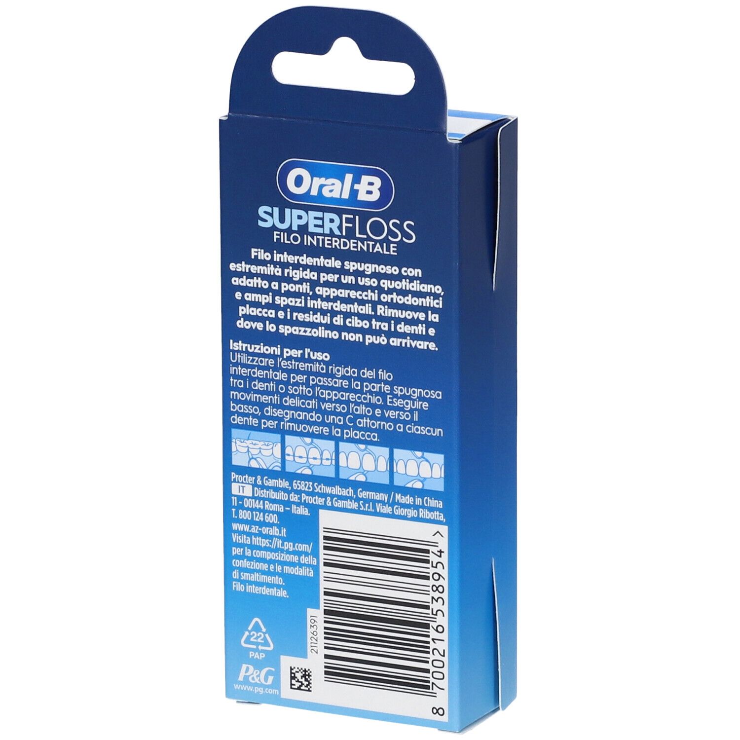 Rückseite der blauen Verpackung mit Produktinformationen und Barcode.