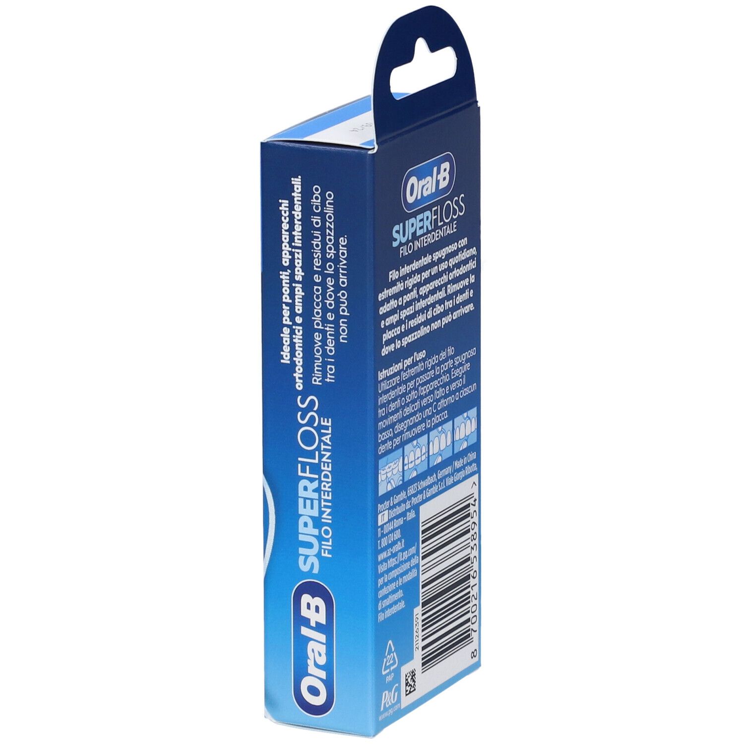 Blaue Verpackung mit Produktnamen und Logo. Seitenansicht mit Produktinformationen.