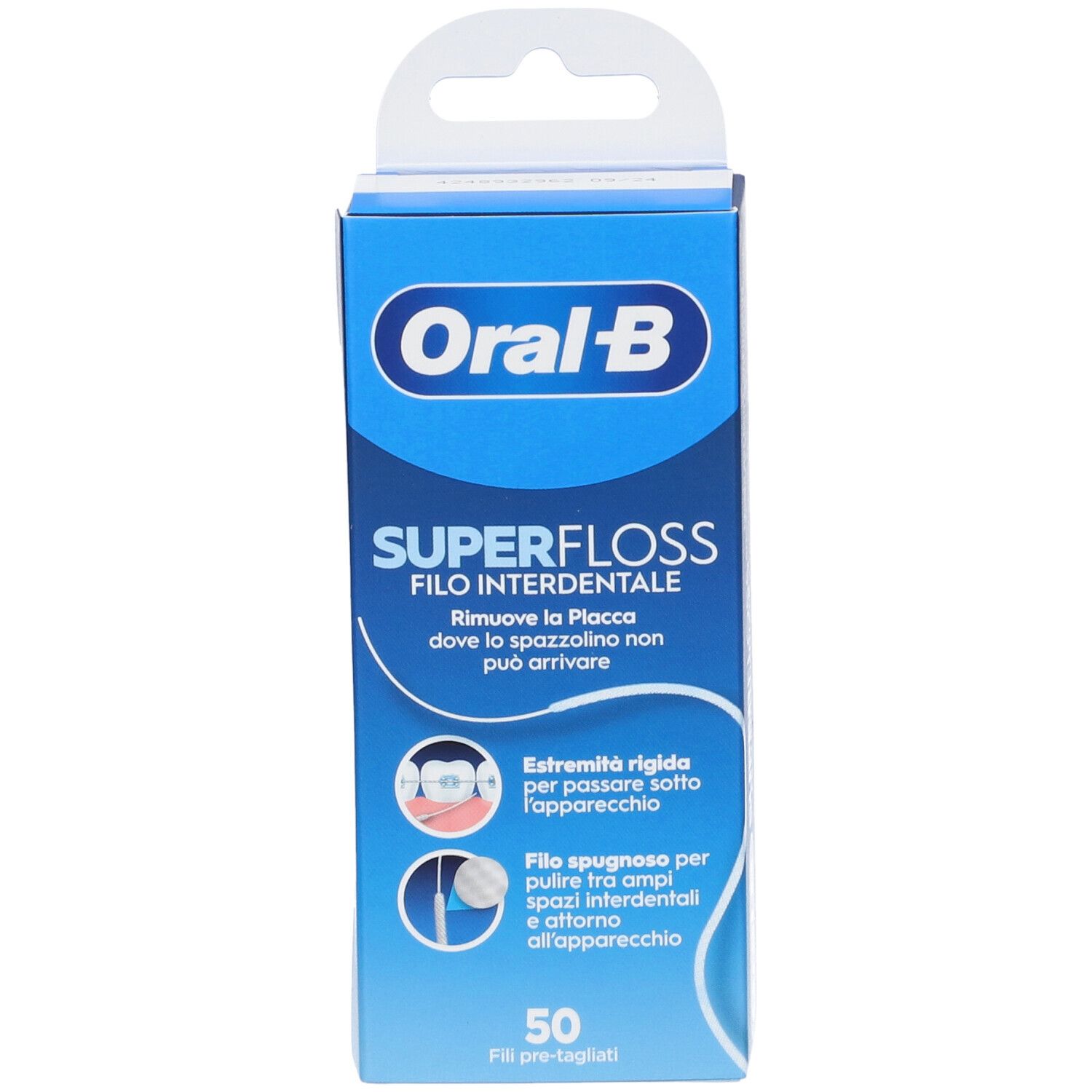 Blau-weiße Verpackung mit Produktnamen und Logo. Enthält 50 vorgeschnittene Zahnseidenstücke.