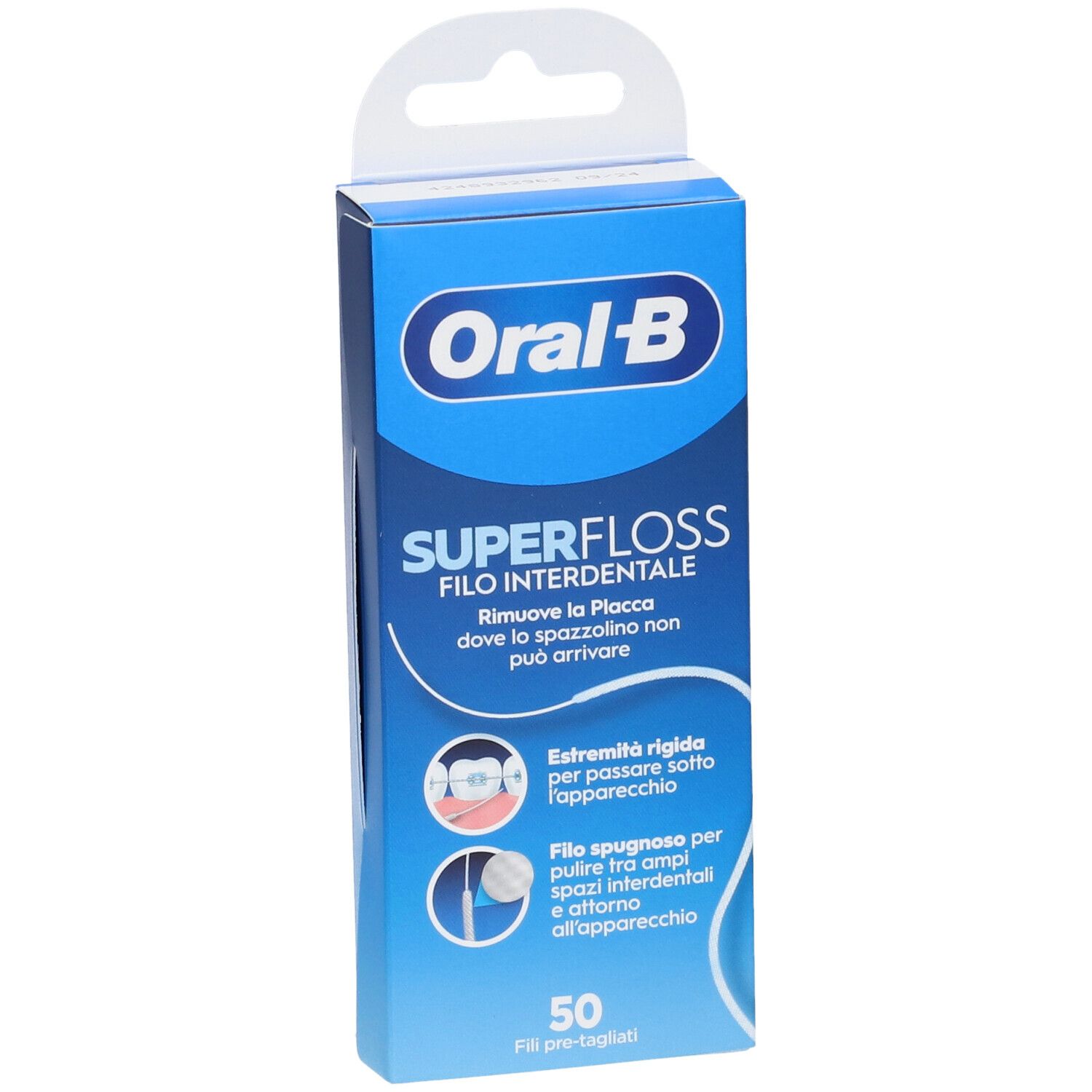 Blau-weiße Verpackung mit Produktnamen und Logo. Enthält 50 vorgeschnittene Zahnseidenstücke.