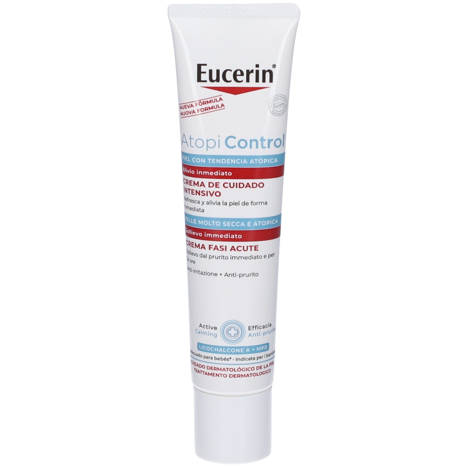 Eucerin AtopiControl Creme. Weiße Tube mit roter und blauer Schrift. Enthält Creme Fasi Acute. Mit Logo und Produktnamen.