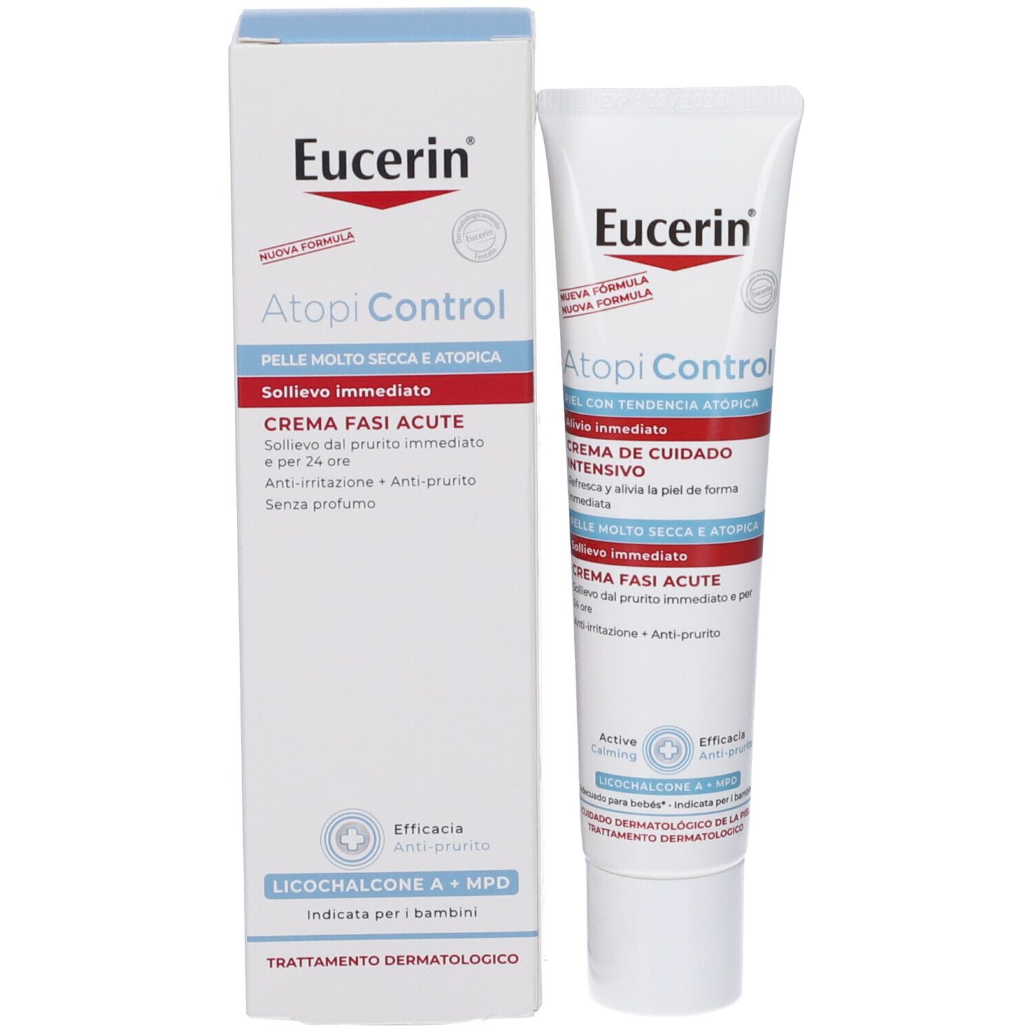 Eucerin AtopiControl Creme und Verpackung. Creme Fasi Acute. Weiße Tube und Schachtel mit Logo und Produktnamen.