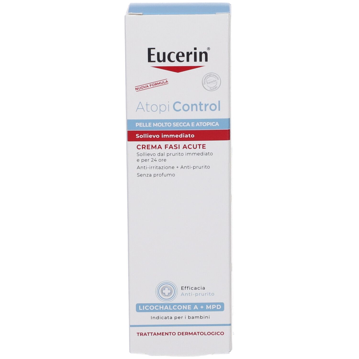 Eucerin AtopiControl Creme Verpackung. Creme Fasi Acute. Schachtel mit Logo und Produktnamen. Blaue und weiße Farben.