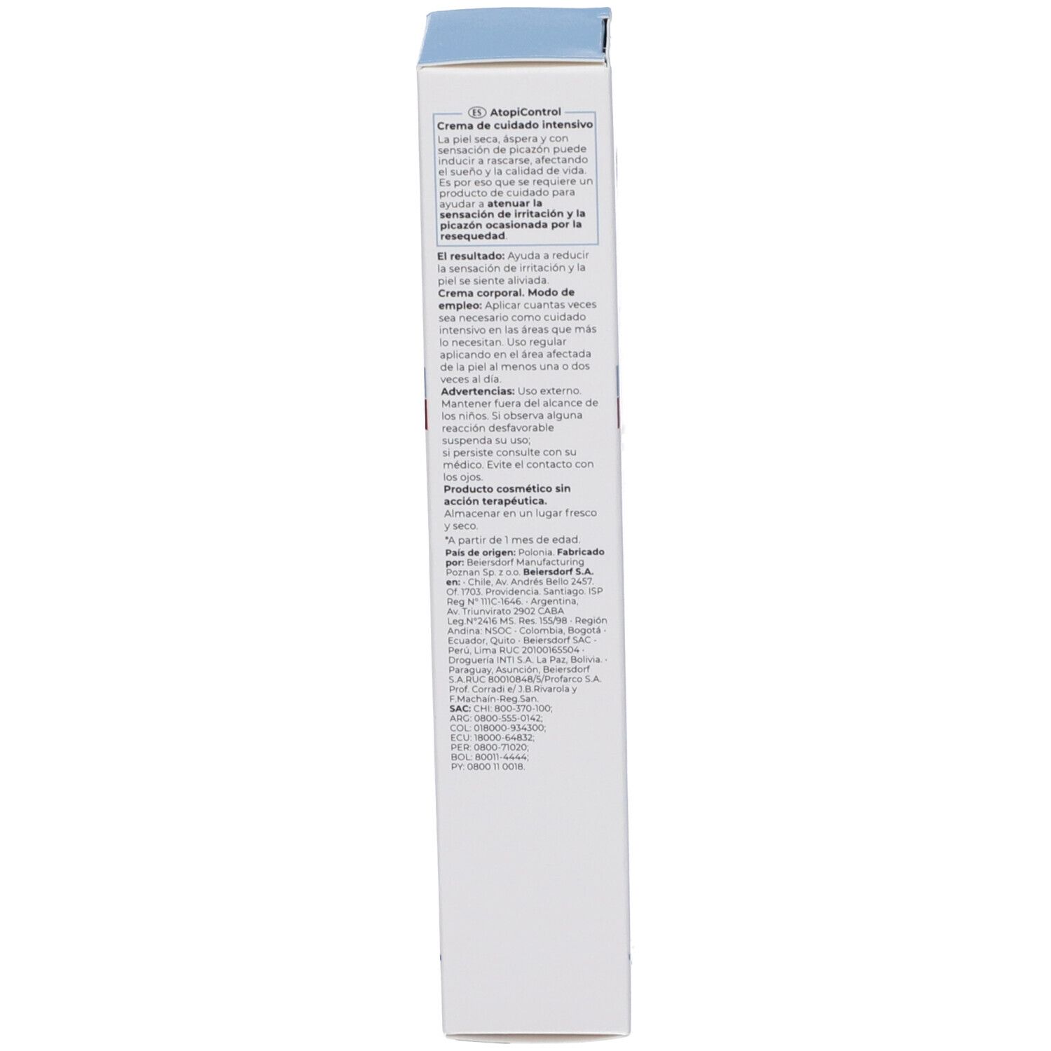 Rückseite der Eucerin AtopiControl Creme Verpackung. Text in mehreren Sprachen. Enthält Produktinformationen.