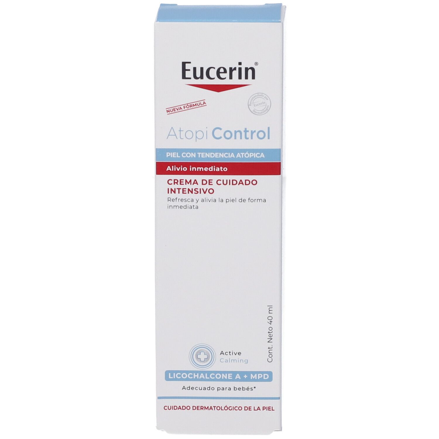 Eucerin AtopiControl Creme Verpackung. Creme Fasi Acute. Schachtel mit Logo und Produktnamen. Enthält Text und Logo.