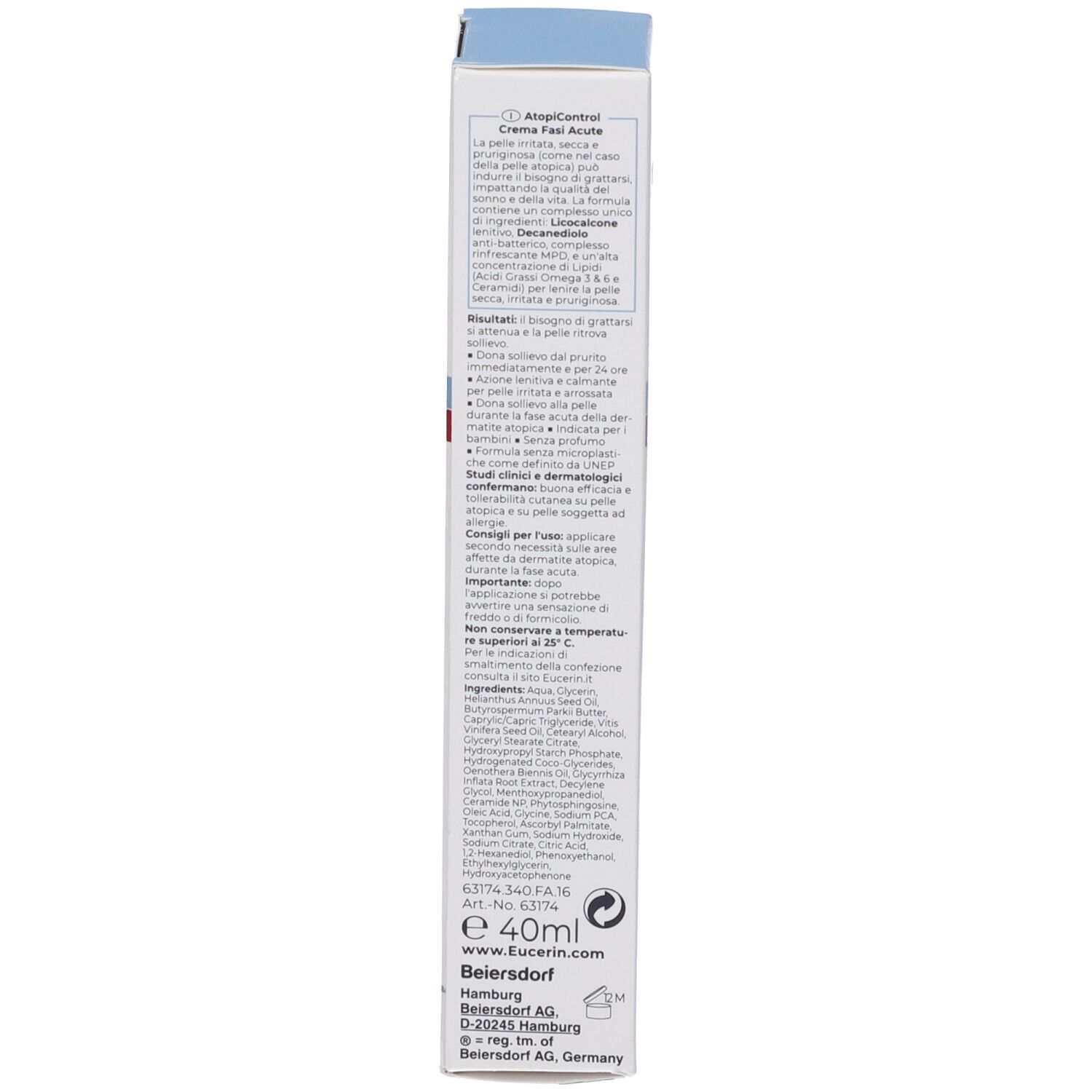 Rückseite der Eucerin AtopiControl Creme Verpackung. Text in mehreren Sprachen. Enthält Produktinformationen und Inhaltsstoffe.