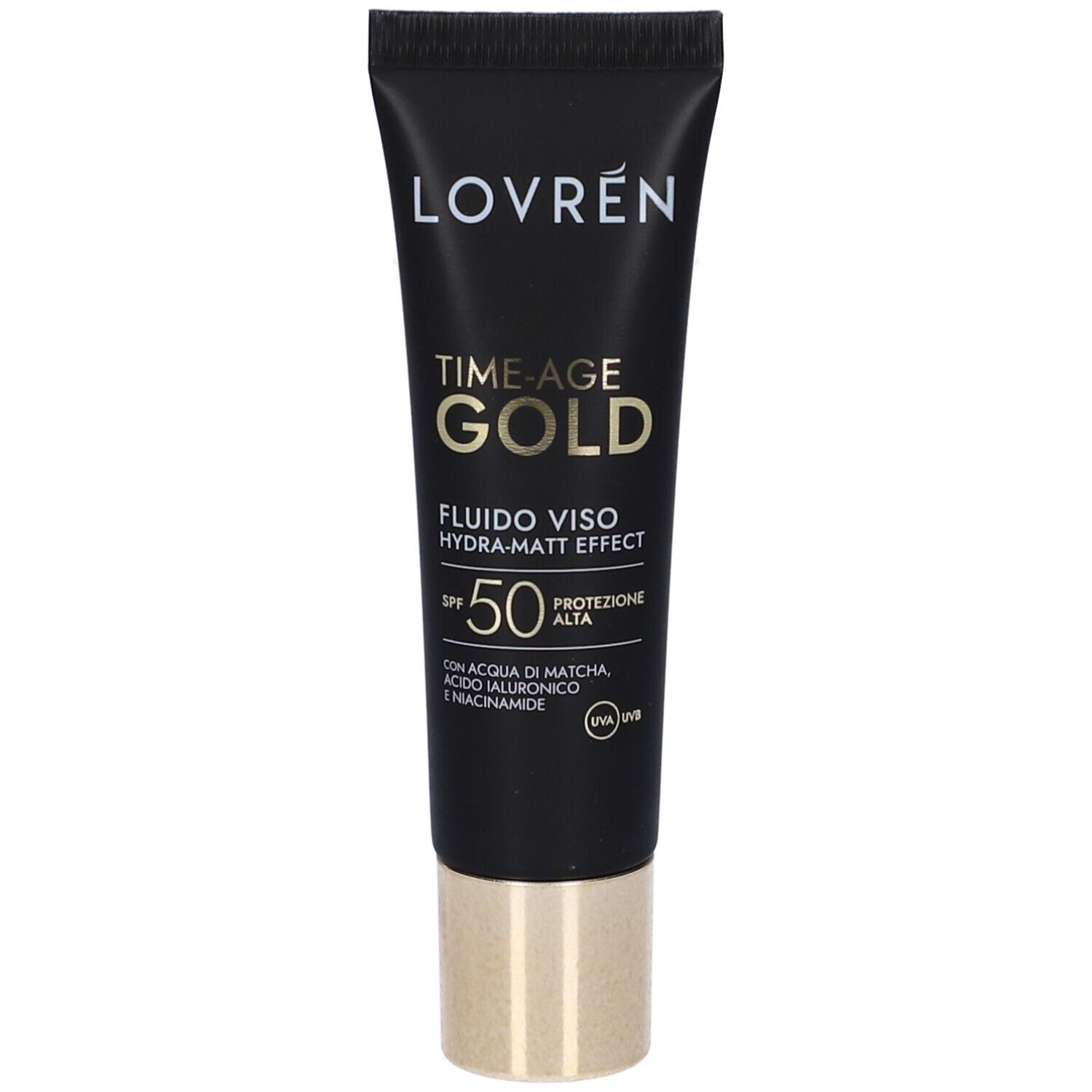 Schwarze Tube mit goldfarbenem Deckel. Aufschrift: LOVREN, TIME-AGE GOLD, FLUIDO VISO, SPF 50. Text und Logos.