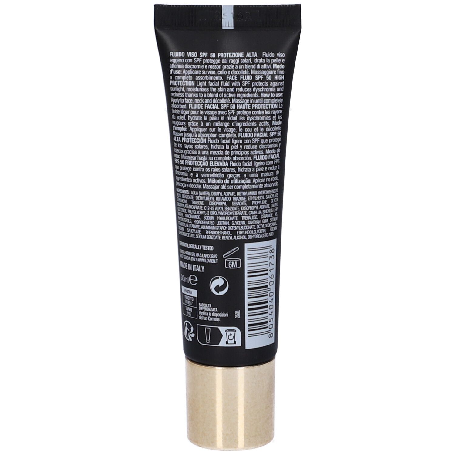Rückseite der schwarzen Tube. Text in mehreren Sprachen. Goldfarbener Deckel. Logos und Symbole.