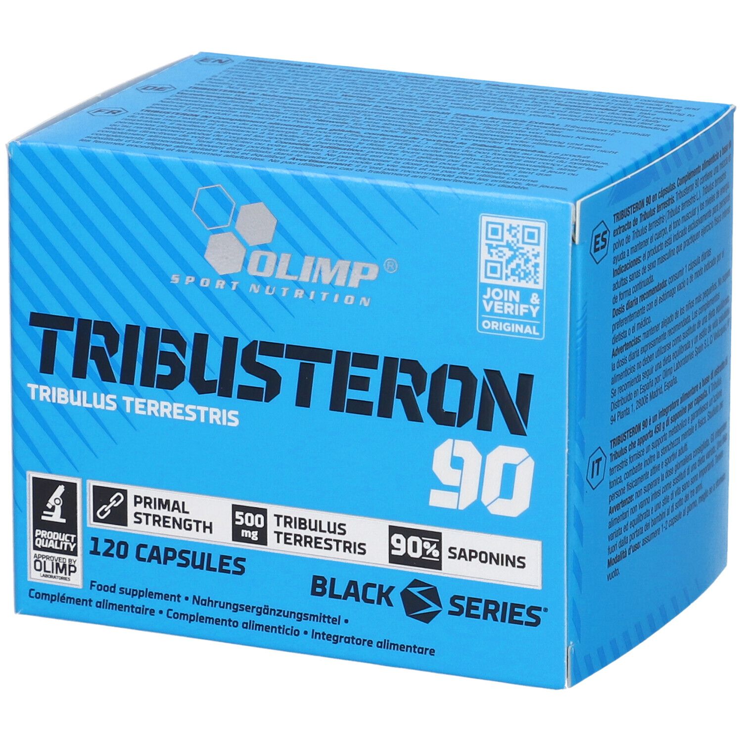 Olimp Tribusteron 90 Kapselverpackung mit blauen und schwarzen Akzenten. Enthält 120 Kapseln.