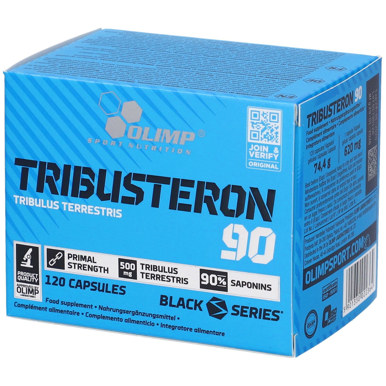 Olimp Tribusteron 90 Kapselverpackung, Vorderseite mit Produktnamen und Kapselanzahl.
