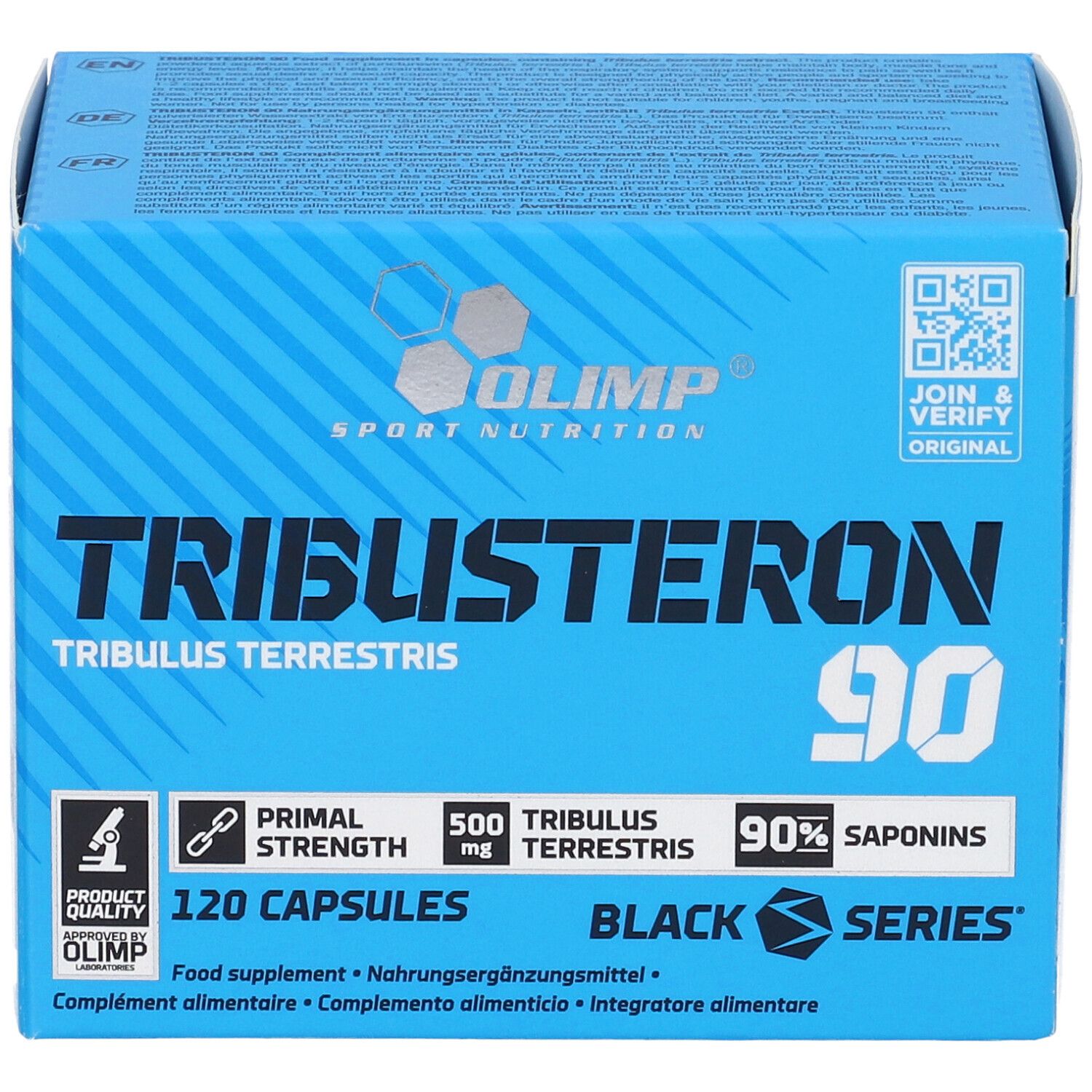 Vorderseite der Olimp Tribusteron 90 Verpackung. Enthält Details zu Inhaltsstoffen und Kapselanzahl.