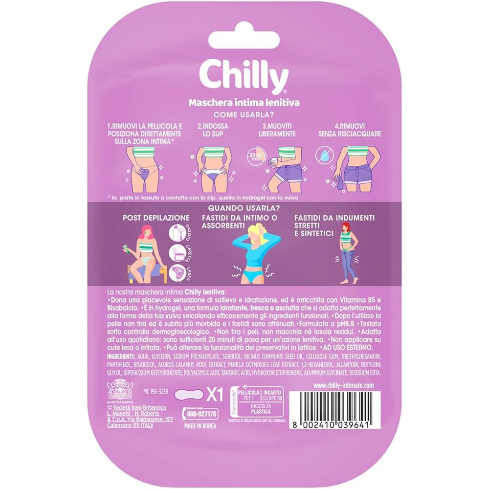 Rückseite der violetten Verpackung. Text: Chilly Maschera Intima Lenitiva. Illustrationen zur Anwendung und Anwendungsbereiche.