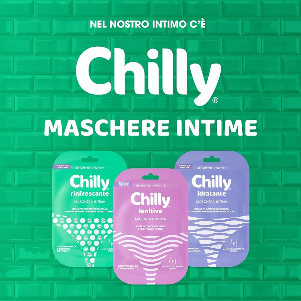 Drei Intimmasken-Verpackungen. Grün, rosa und lila. Mit Chilly-Logo und Produktbezeichnung.