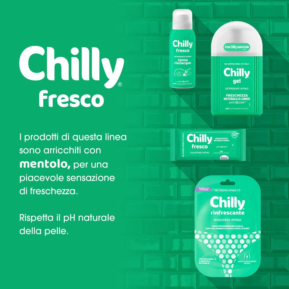 Chilly Fresco Produkte: Duschgel, Intimwaschlotion und Feuchttücher mit Menthol.
