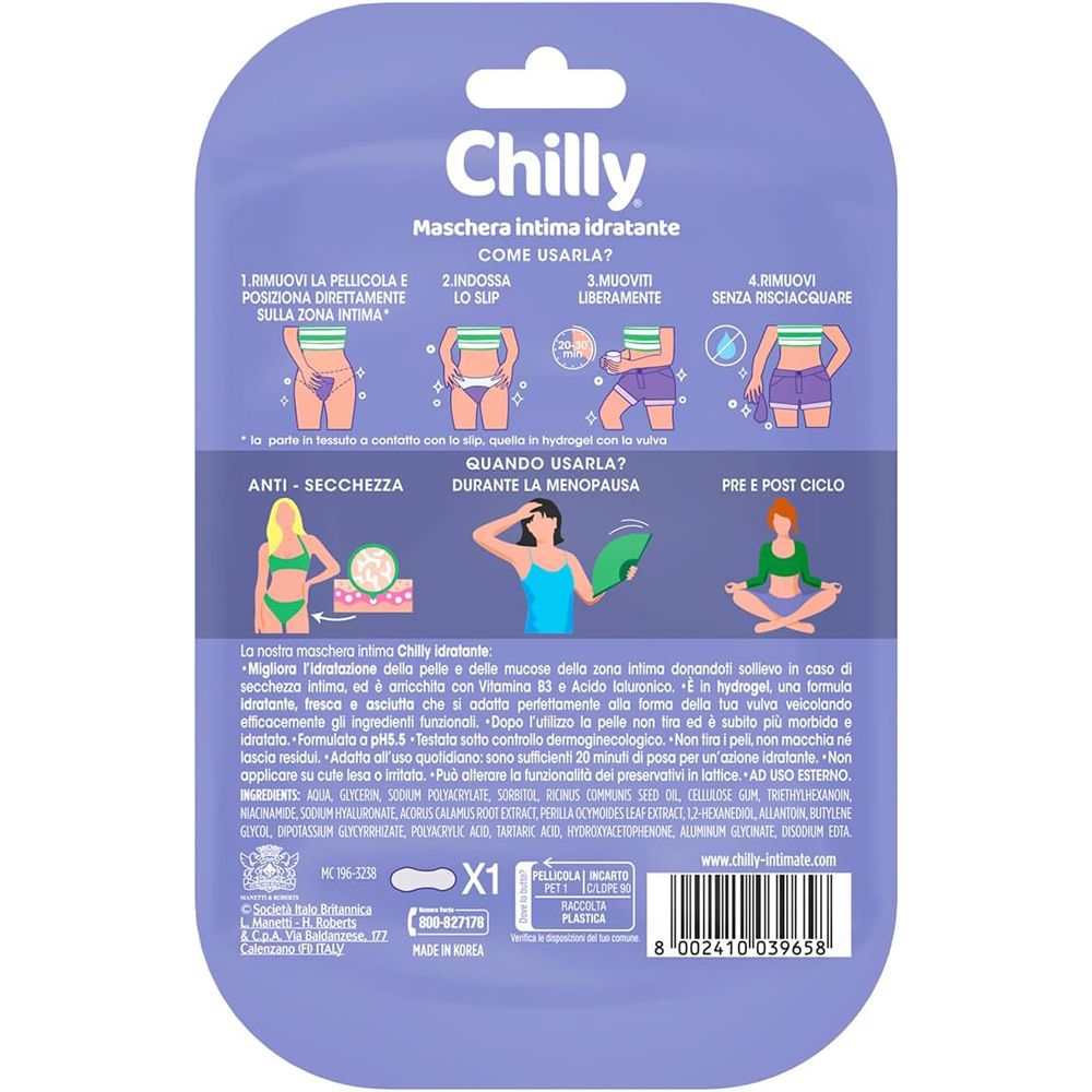 Rückseite der Chilly-Packung. Anweisungen zur Verwendung der Maske. Informationen zur Anwendung bei Trockenheit, Wechseljahren und nach der Periode.