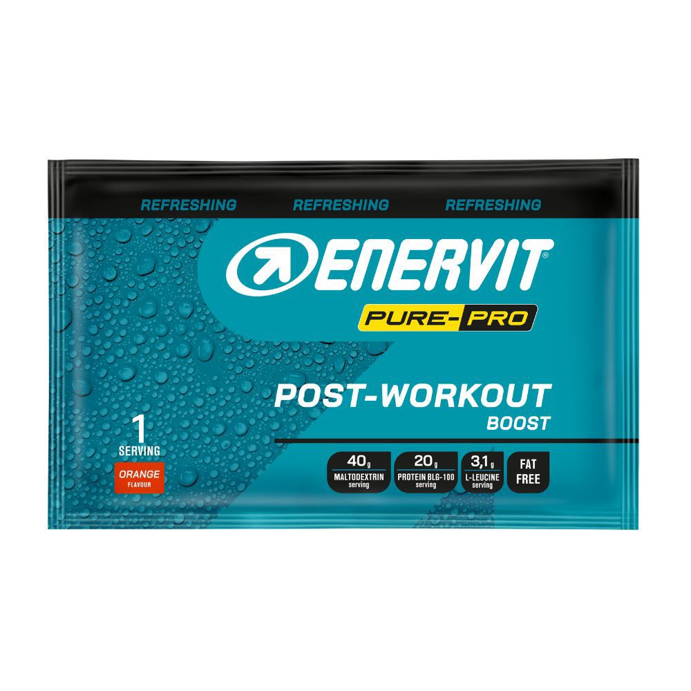 Busta ENERVIT Pure-Pro Post-Workout Boost. Testo: 1 porzione, arancia. Contiene maltodestrine, proteine, L-leucina, senza grassi.