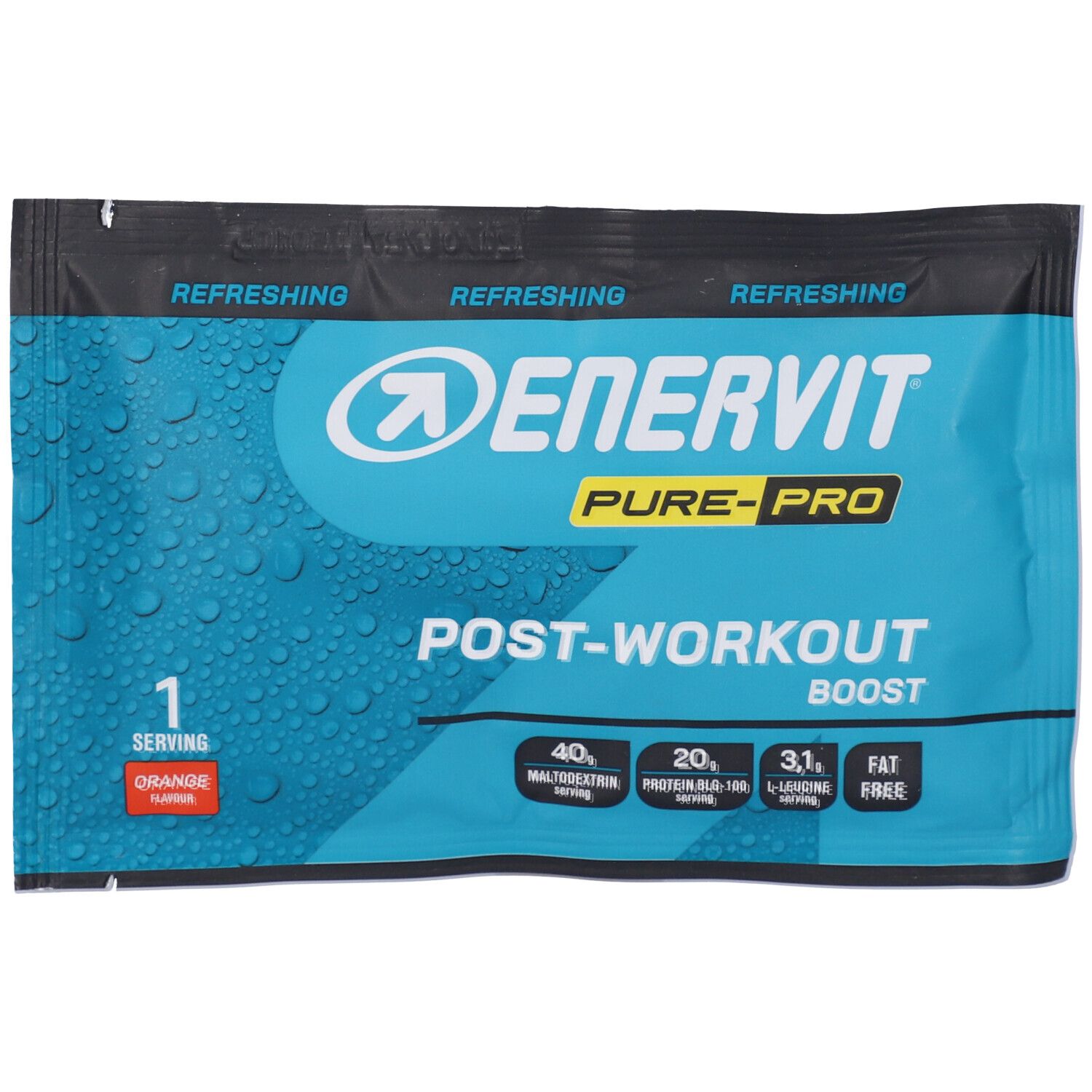 Busta ENERVIT Pure-Pro Post-Workout Boost. Testo: 1 porzione, arancia. Contiene maltodestrine, proteine, L-leucina, senza grassi.