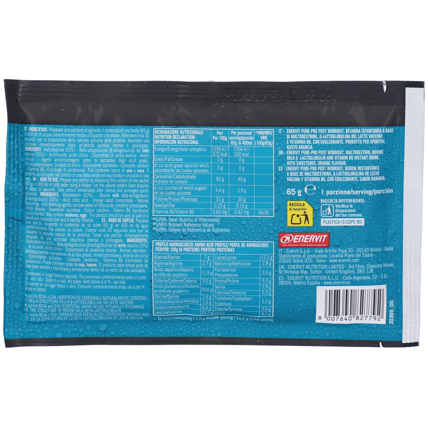 Retro della busta ENERVIT Pure-Pro Post-Workout Boost. Contiene informazioni nutrizionali e ingredienti.
