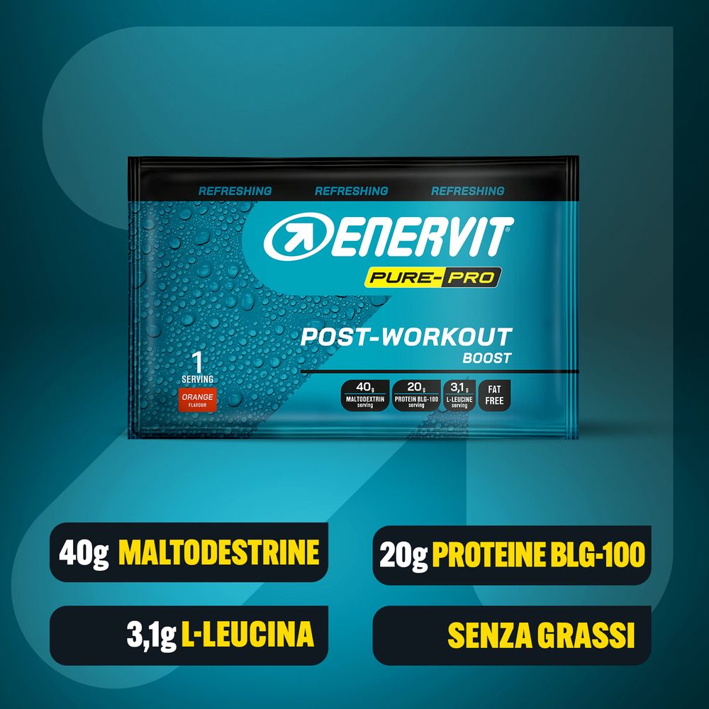 Busta ENERVIT Pure-Pro Post-Workout Boost. Contiene 40g maltodestrine, 20g proteine, 3,1g L-leucina. Senza grassi.