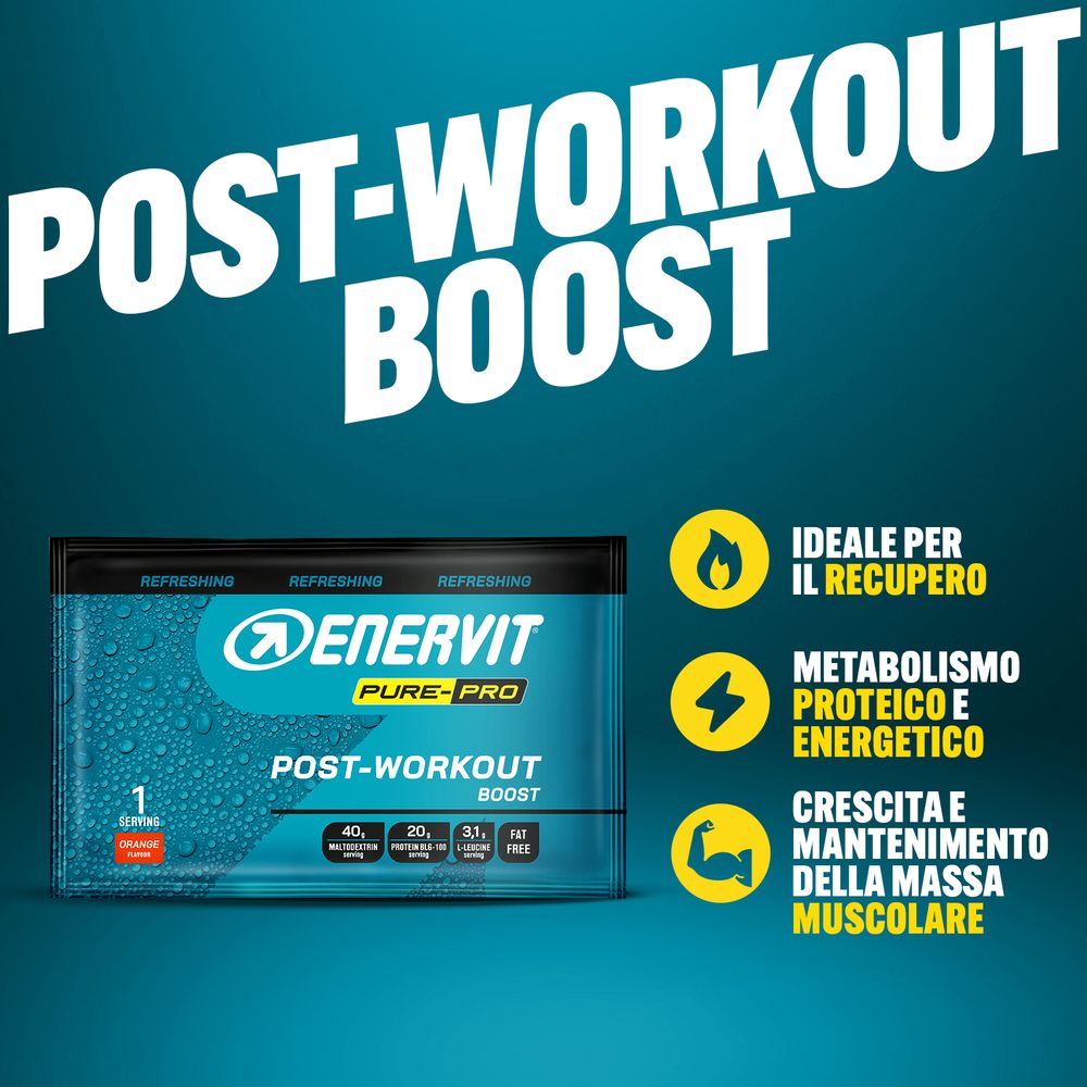 Busta ENERVIT Pure-Pro Post-Workout Boost. Testi: Ideale per il recupero, metabolismo, crescita muscolare.