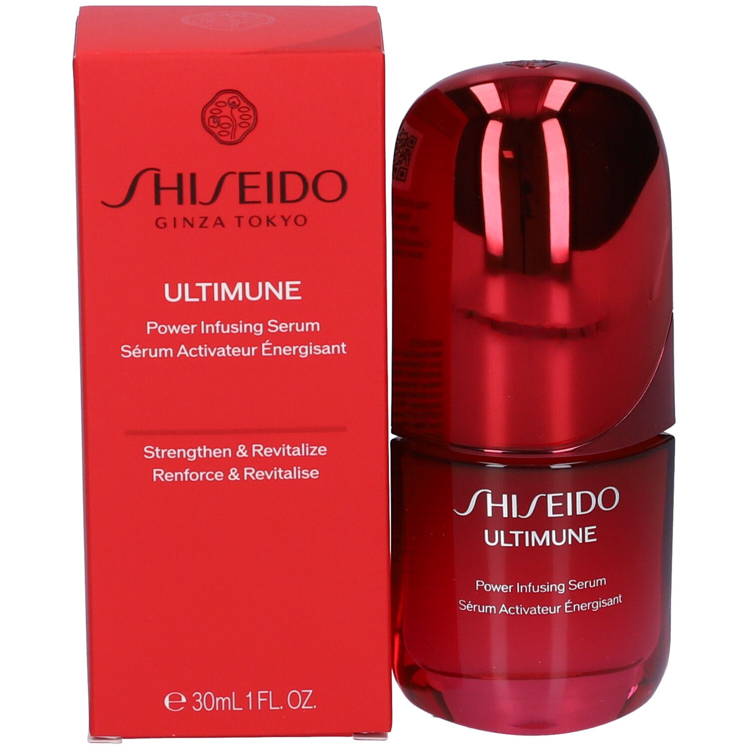 Scatola rossa e flacone. Scritta: SHISEIDO GINZA TOKYO ULTIMUNE Power Infusing Serum.