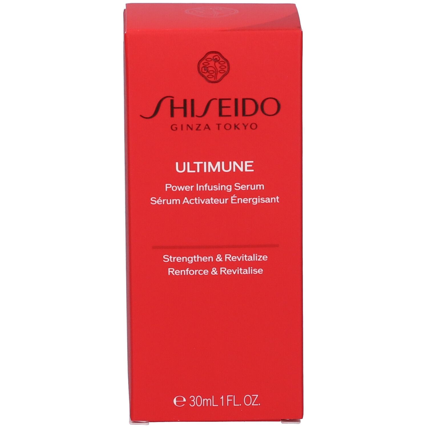 Scatola rossa. Scritta: SHISEIDO GINZA TOKYO ULTIMUNE Power Infusing Serum.