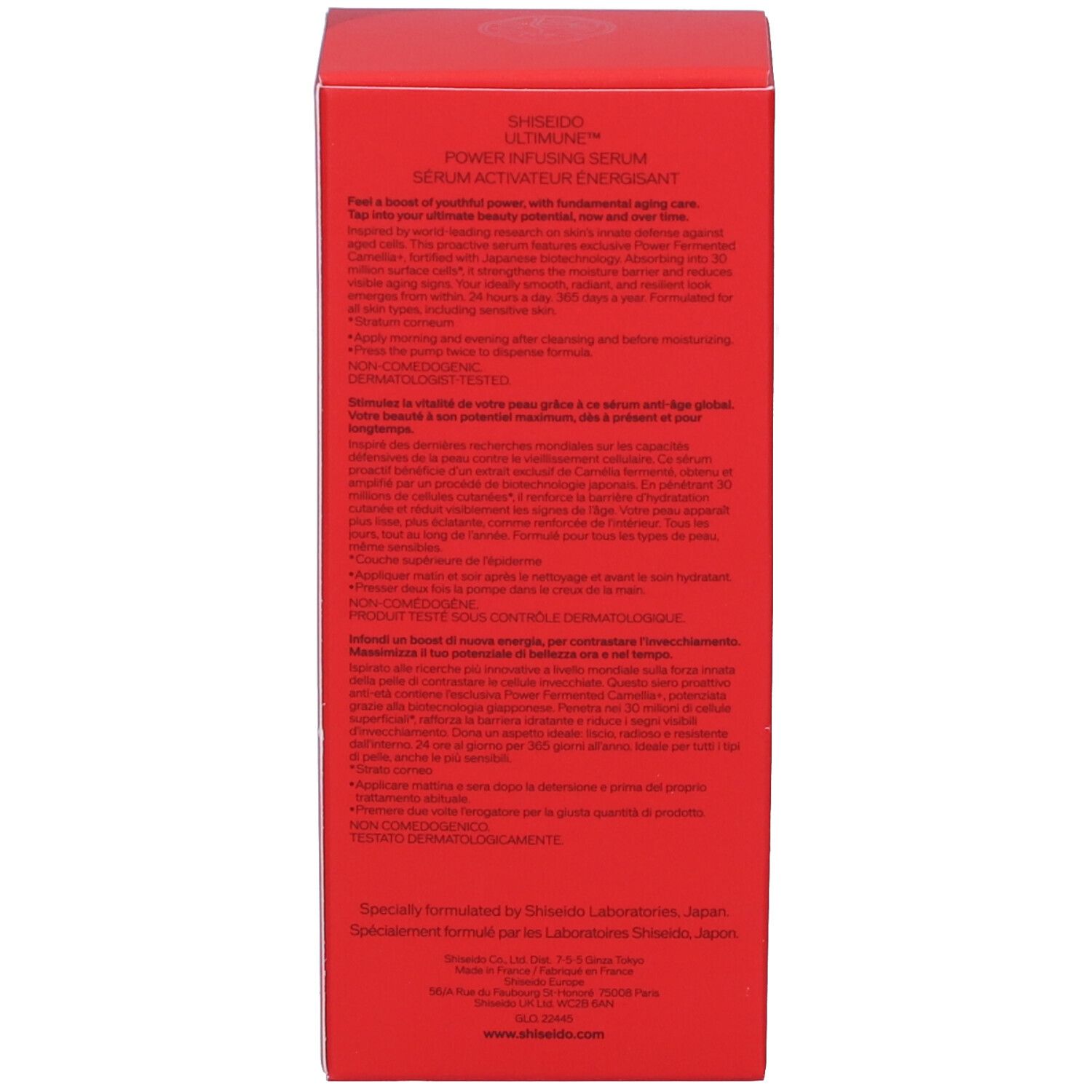 Scatola rossa. Testo in inglese e francese. Informazioni sul prodotto.