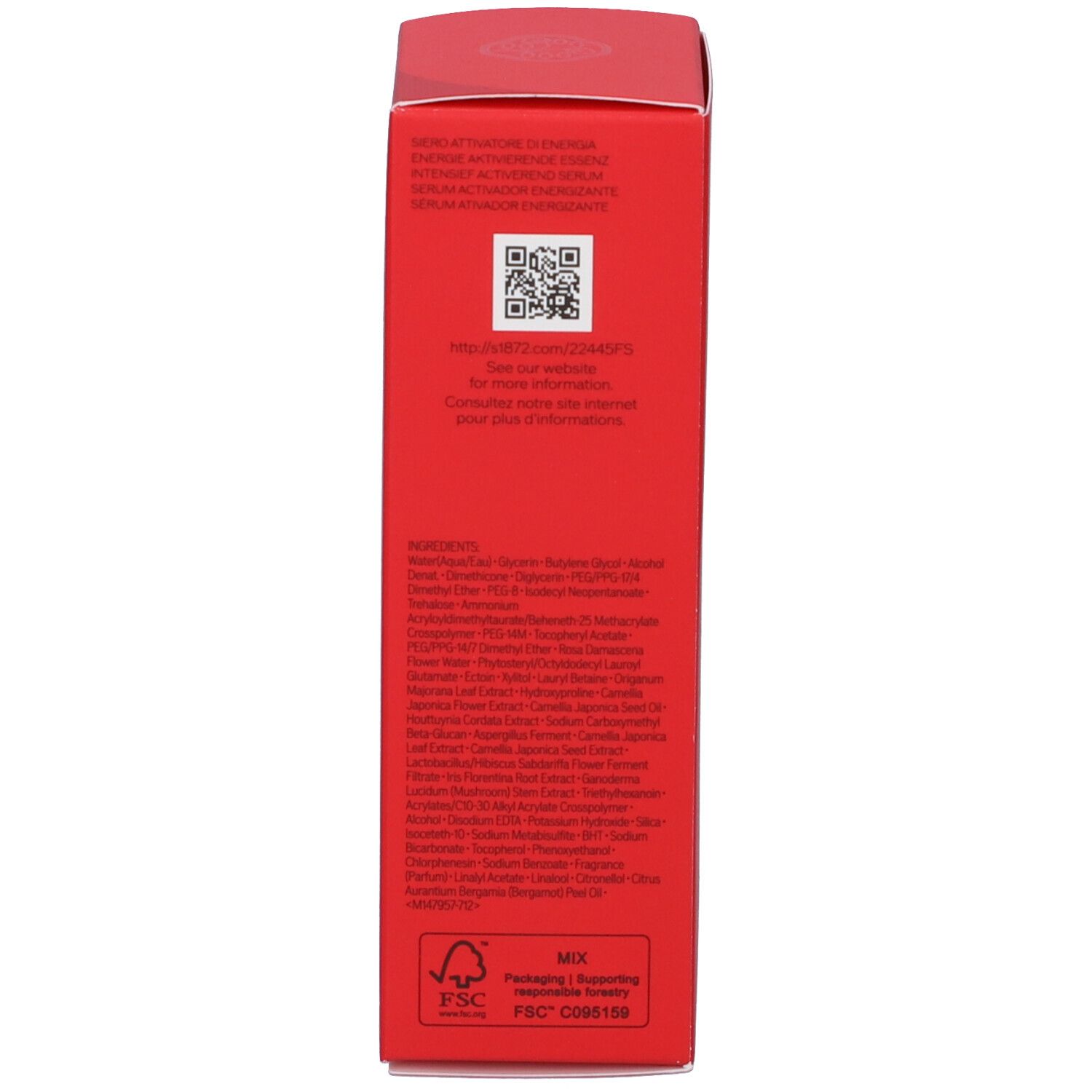 Scatola rossa. Testo in inglese e francese. Ingredienti e codice QR.