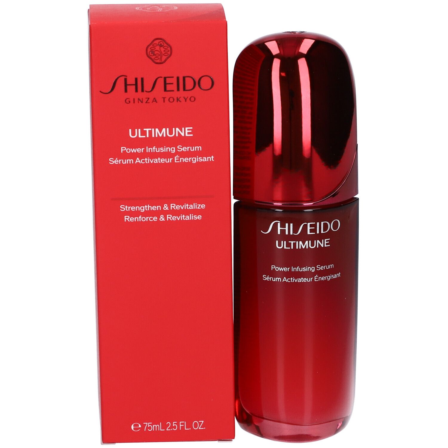 Scatola rossa e flacone. Scritta: SHISEIDO ULTIMUNE Power Infusing Serum. Sérum Activateur Énergisant. Flacone accanto.