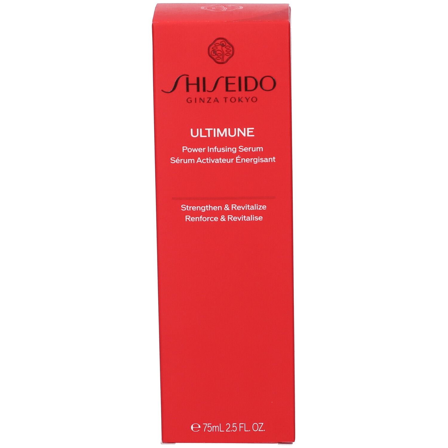 Scatola rossa. Scritta: SHISEIDO ULTIMUNE Power Infusing Serum. Sérum Activateur Énergisant. Testo: Strengthen & Revitalize.