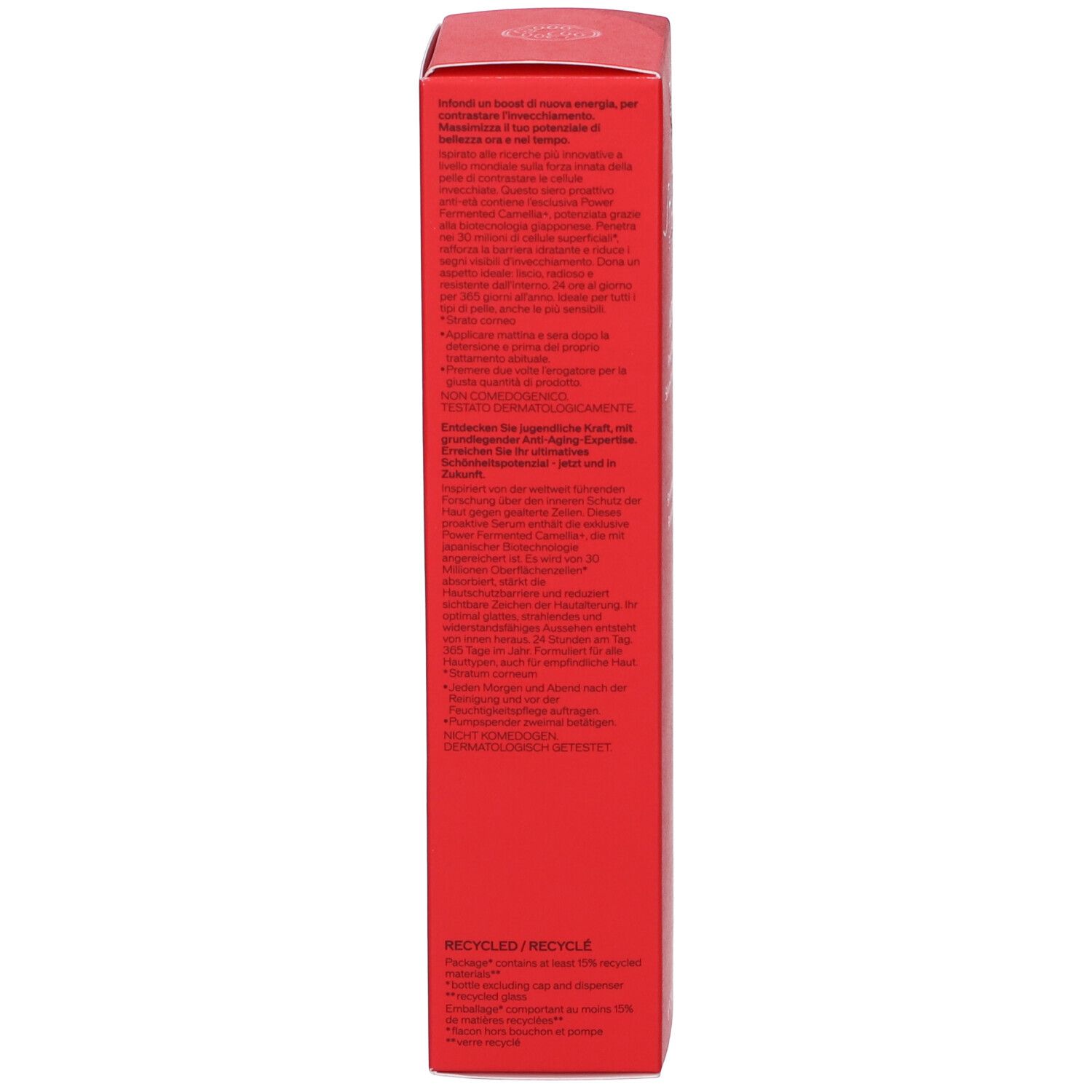 Scatola rossa, retro con testo. Scritta: SHISEIDO ULTIMUNE Power Infusing Serum. Sérum Activateur Énergisant. Testo.