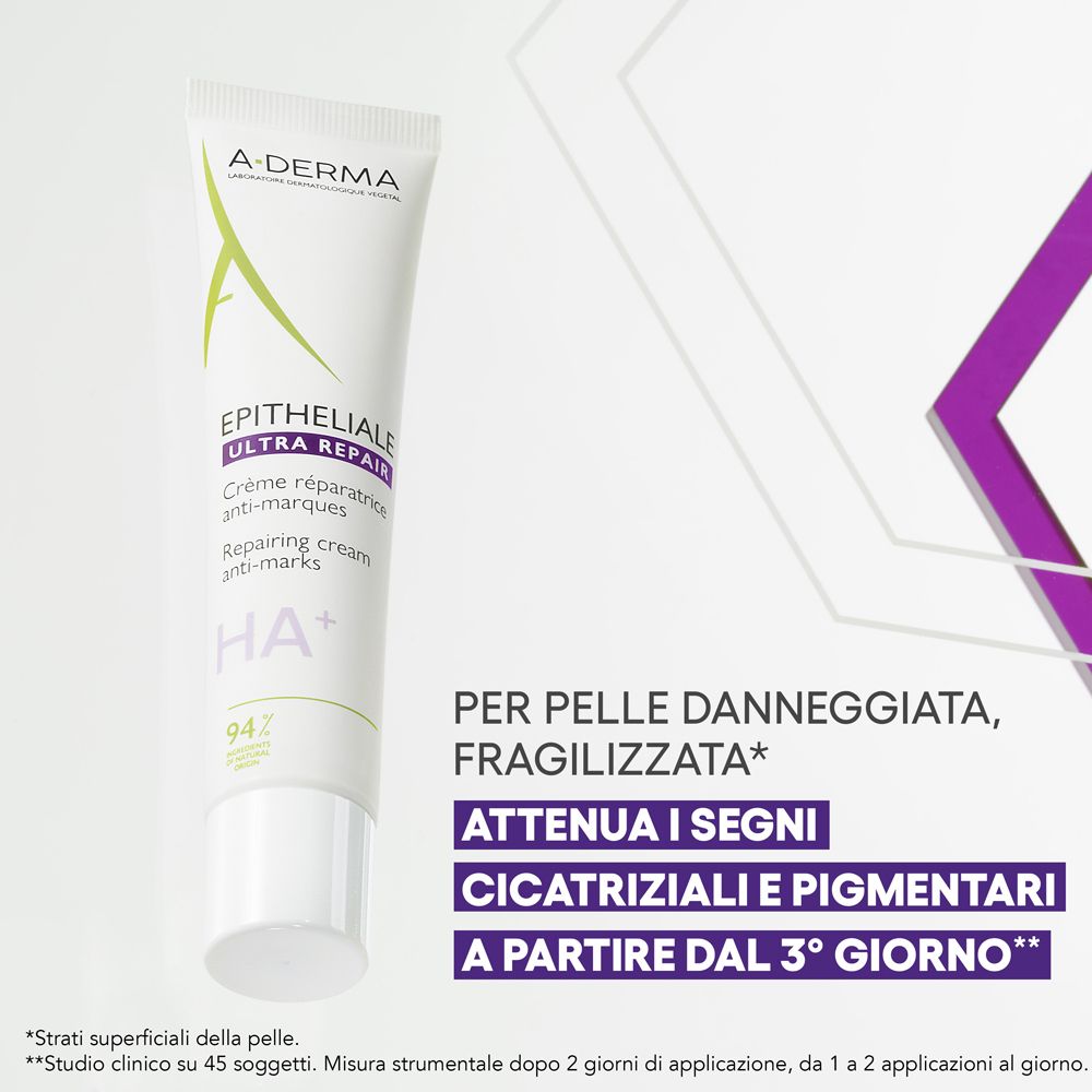 Creme-Tube A-DERMA Epitheliale Ultra Repair. Text: HA+ und Informationen für geschädigte Haut. Ab dem 3. Tag.
