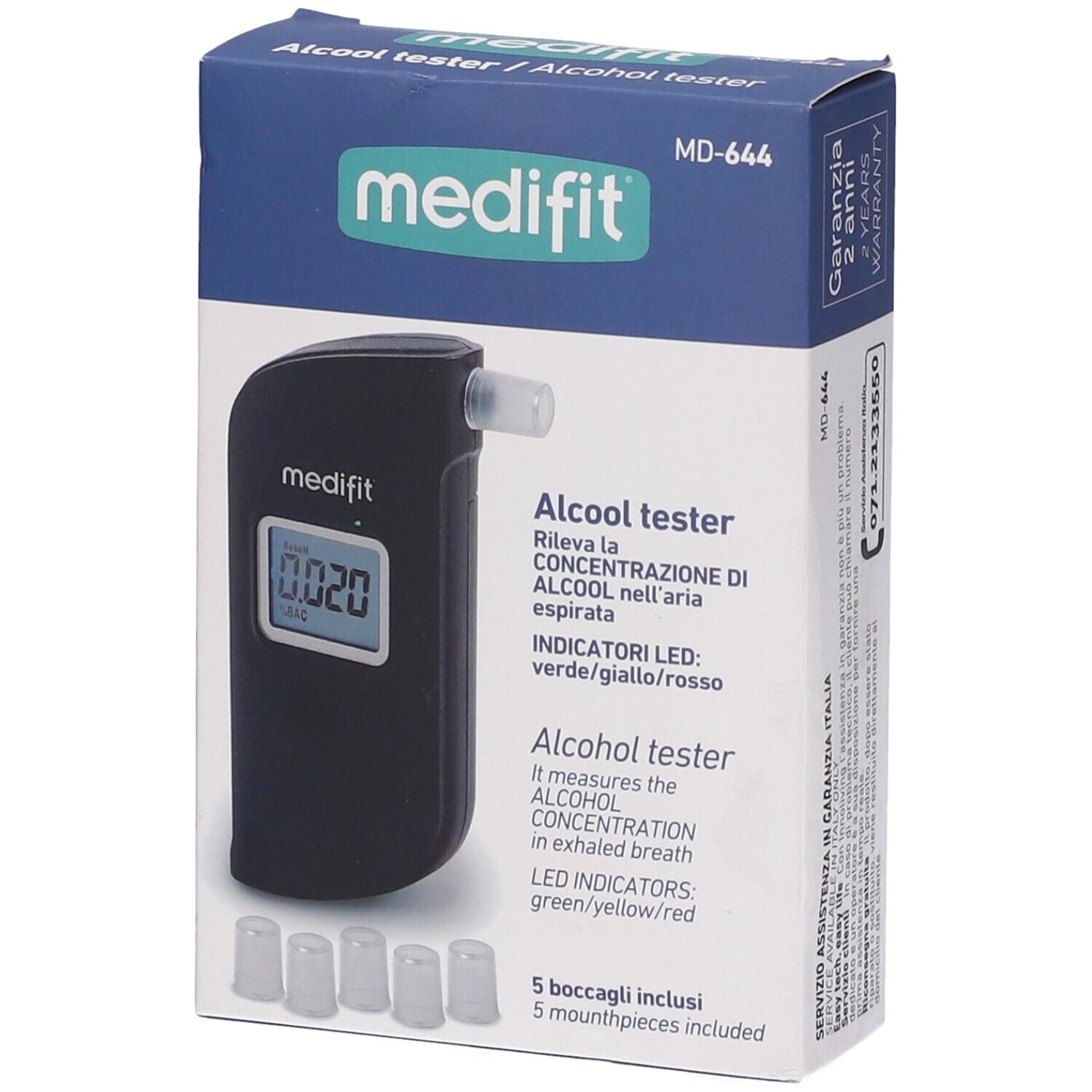 Schwarzes Medifit-Alkoholtestgerät mit Display und Mundstücken in einer Verpackung. Aufschrift: Alcool tester.