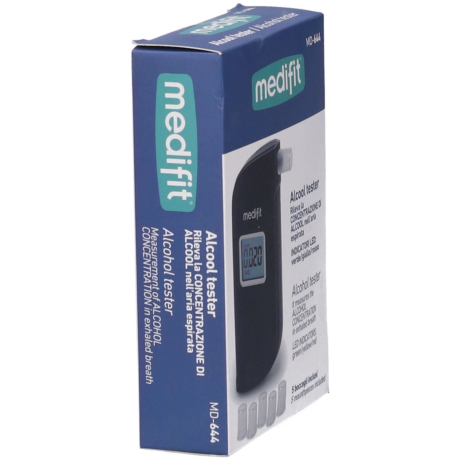 Medifit-Alkoholtestgerät in Verpackung. Aufschrift: Alcool tester. Fünf Mundstücke sichtbar.