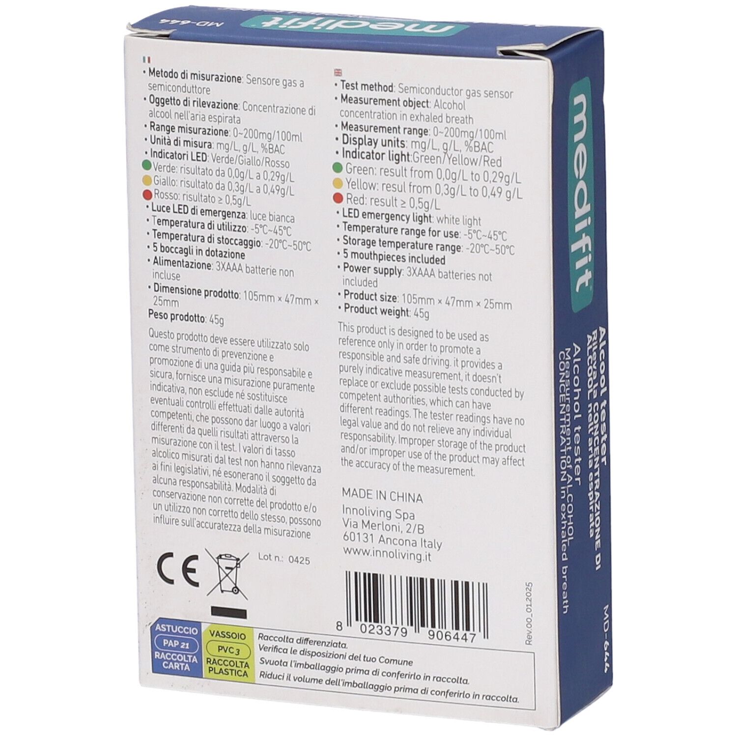Rückseite der Verpackung des Medifit-Alkoholtestgeräts. Text in italienischer und englischer Sprache. CE-Kennzeichnung.