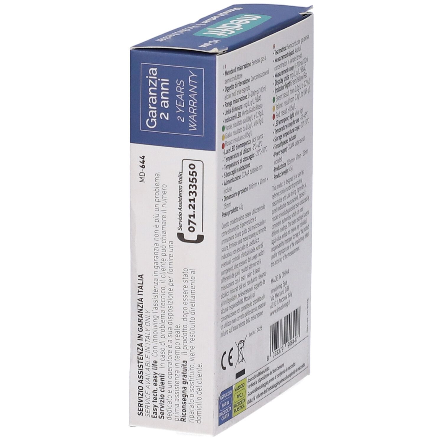 Seite der Verpackung des Medifit-Alkoholtestgeräts. Garantie- und Kundendienstinformationen. Telefonnummer.