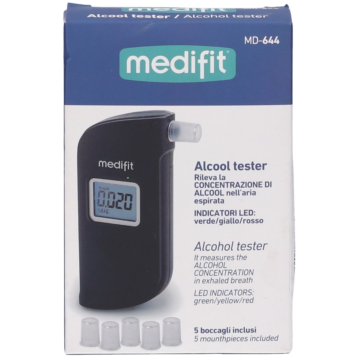 Medifit-Alkoholtestgerät in Verpackung. Aufschrift: Alcool tester. Fünf Mundstücke sichtbar.