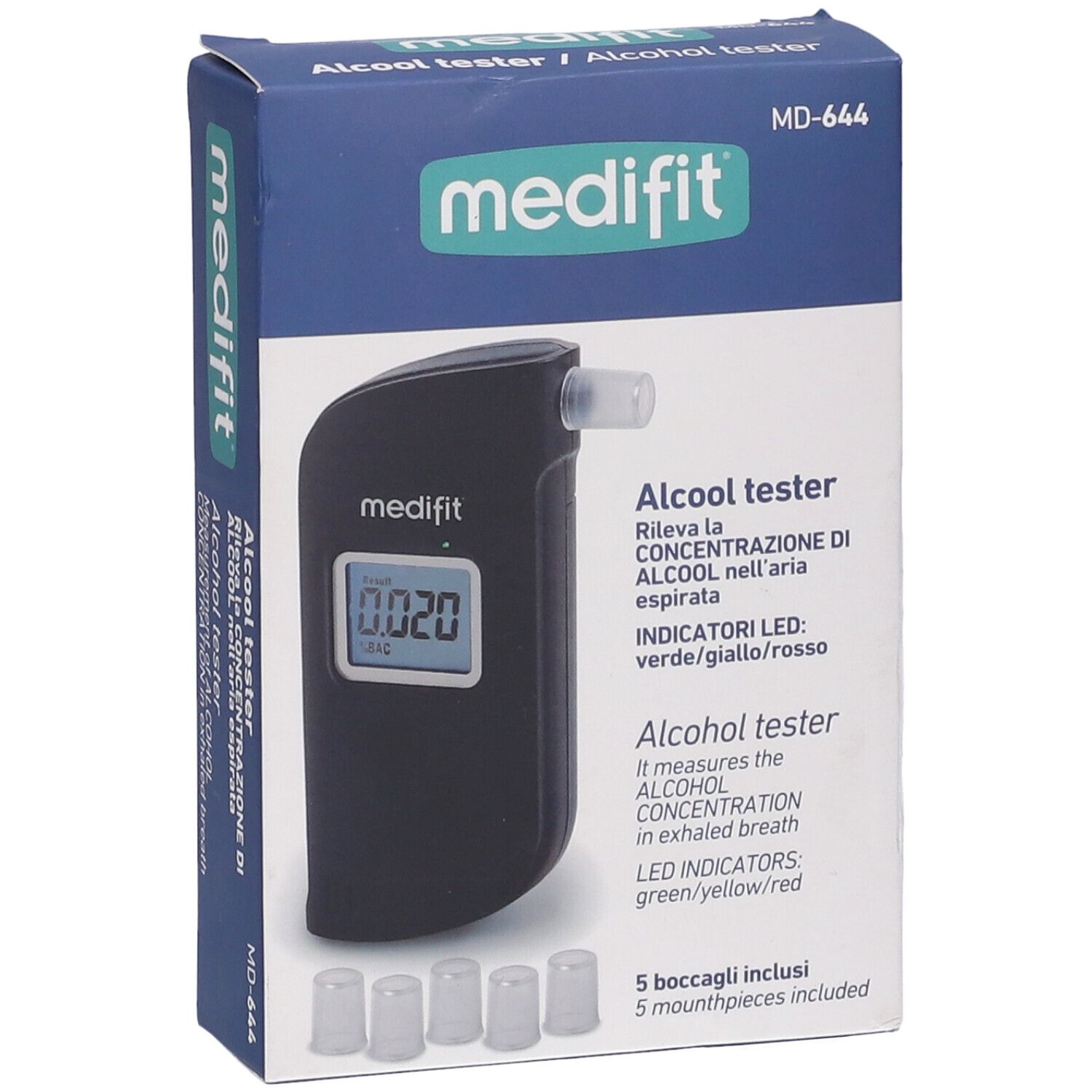 Medifit-Alkoholtestgerät in Verpackung. Aufschrift: Alcool tester. Fünf Mundstücke sichtbar.