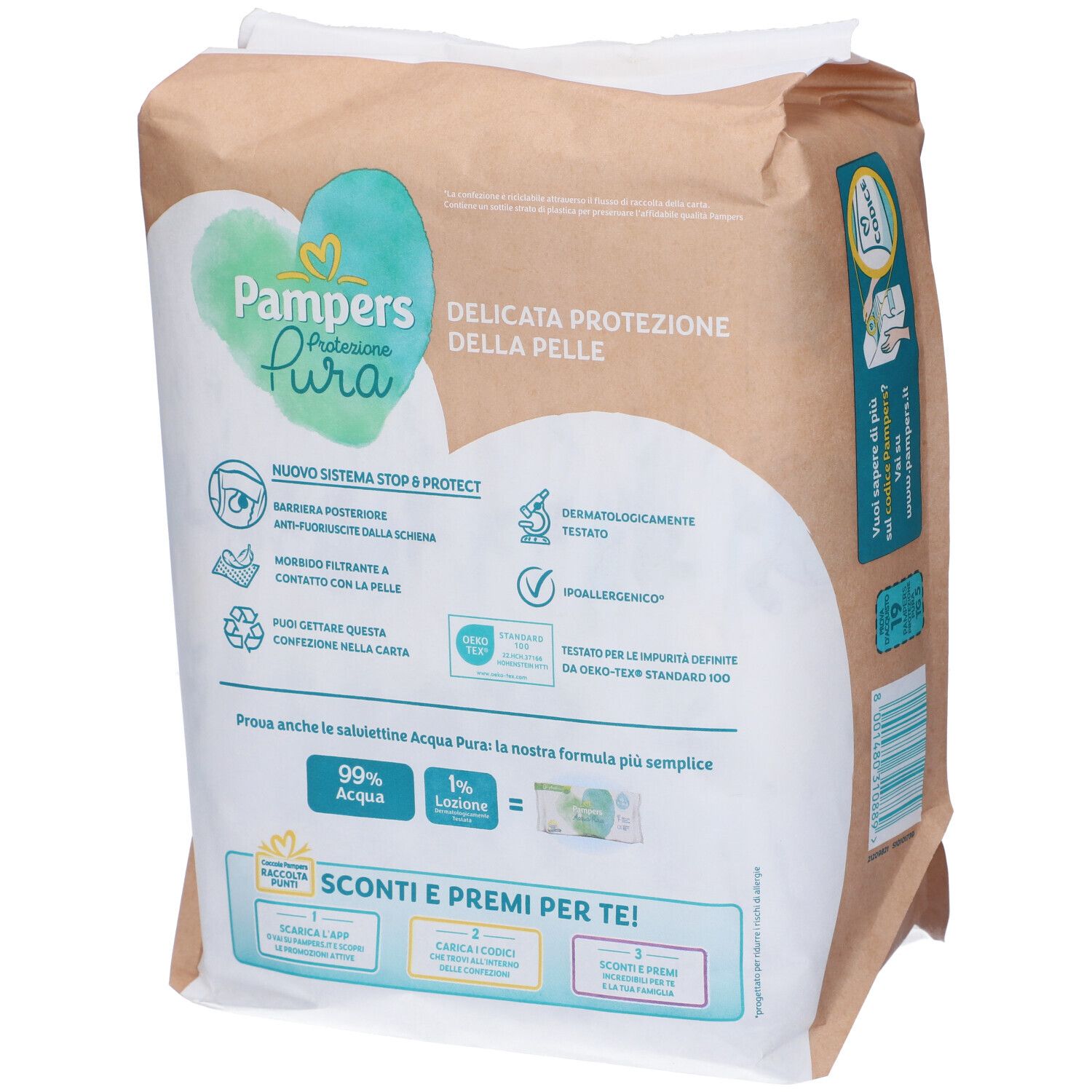 Pampers Protezione Pura Windelpackung, Rückseite. Text: sanfter Schutz, dermatologisch getestet, hypoallergen. Recycling-Logo.