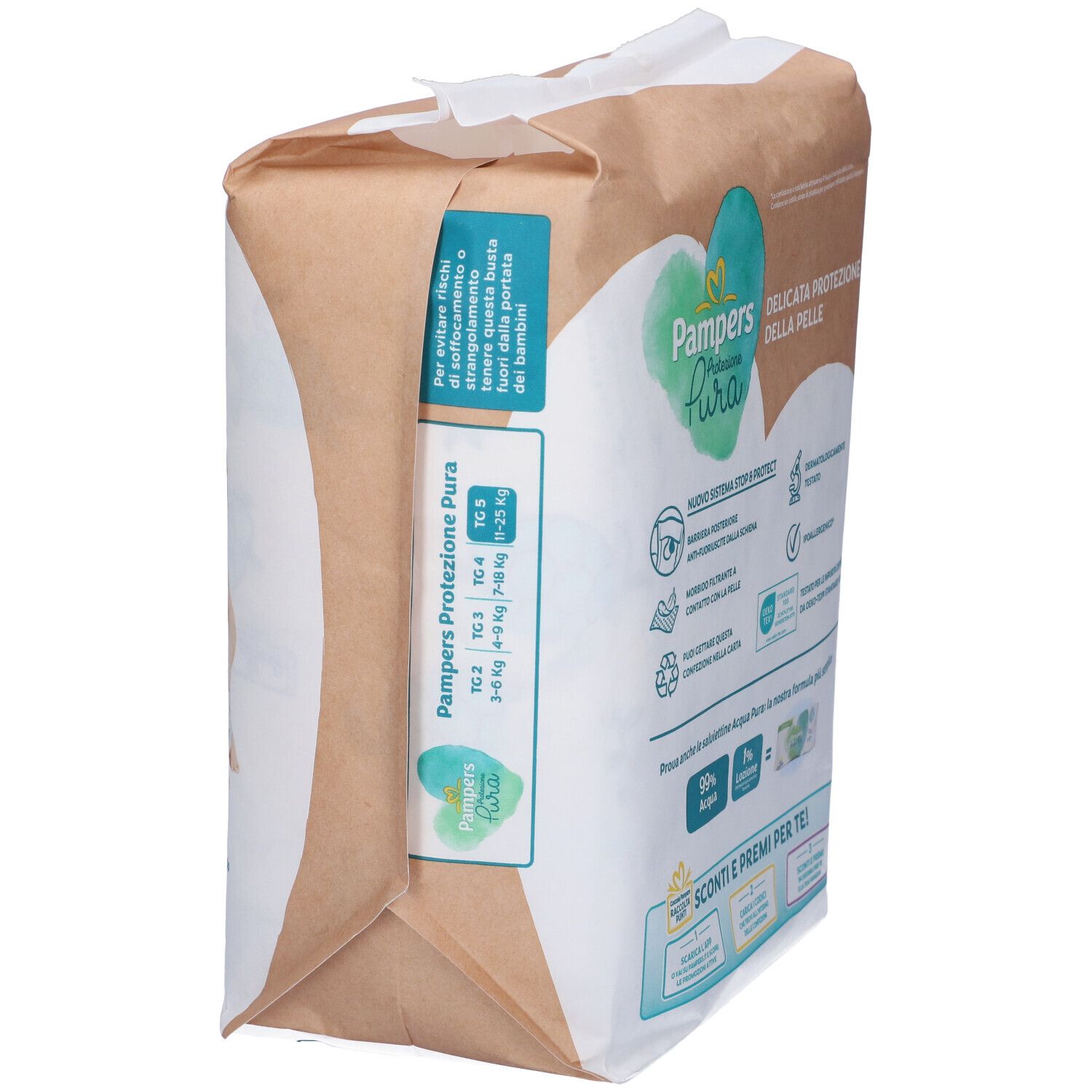 Pampers Protezione Pura Windelpackung, Seitenansicht. Größenangaben: 10, 10.5, 11-25kg. Text: sanfter Schutz. Recycling-Logo.