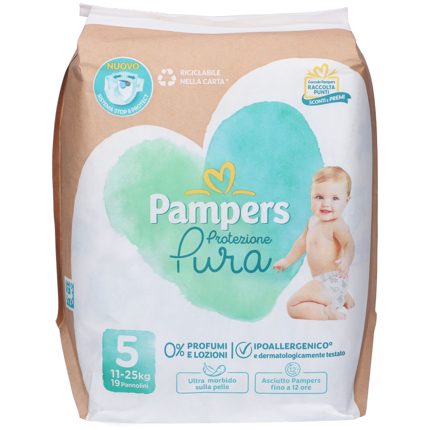 Pampers Protezione Pura Windeln, Größe 5, 11-25kg. Verpackung mit Babyabbildung. 0% Parfüm und Lotionen. Hypoallergen.