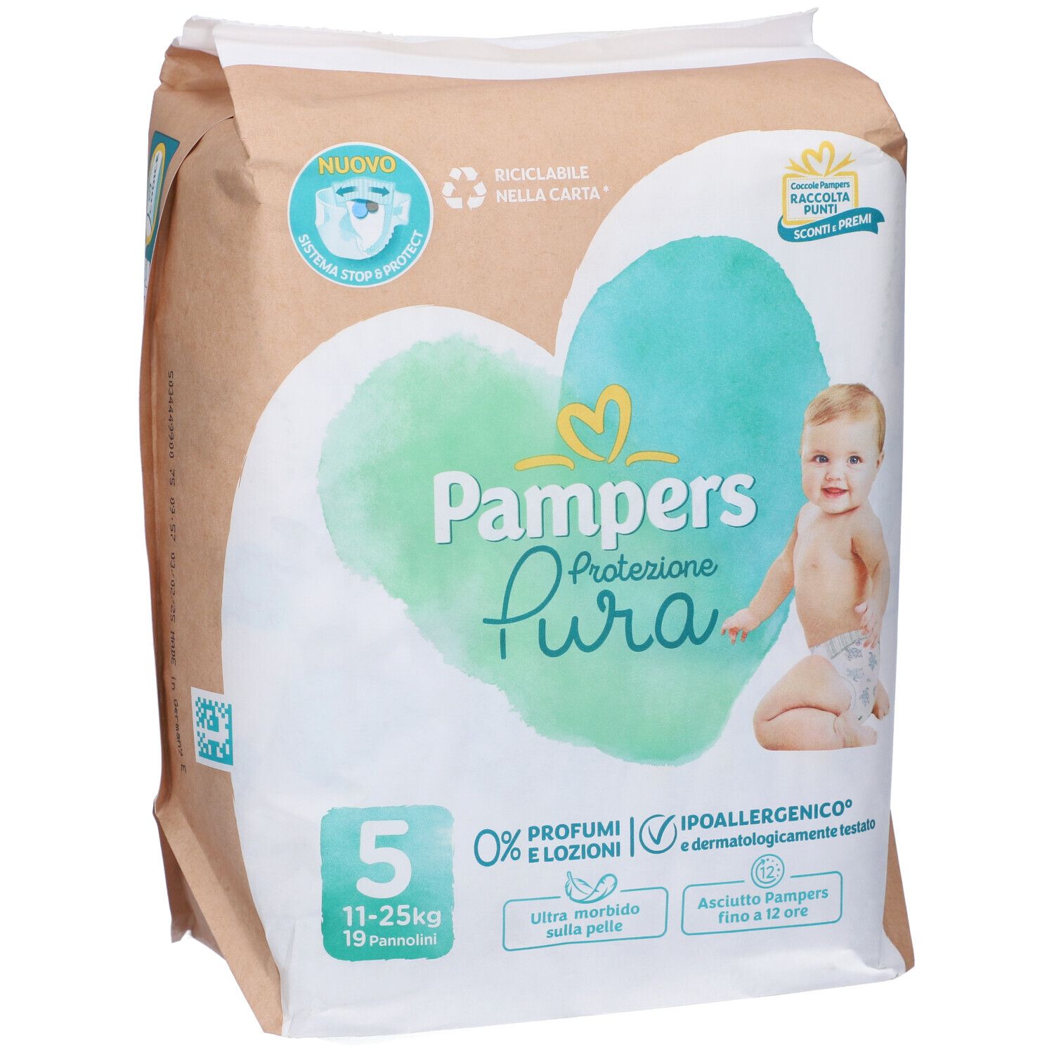 Pampers Protezione Pura Windeln, Größe 5, 11-25kg. Verpackung mit Babyabbildung. 0% Parfüm und Lotionen. Hypoallergen.