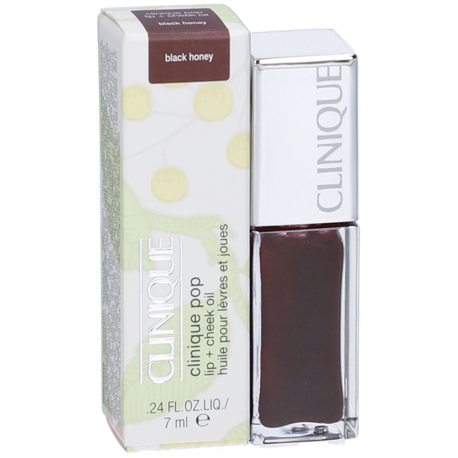 Clinique Pop olio labbra + guance. Black Honey. Flacone e confezione. 7 ml.