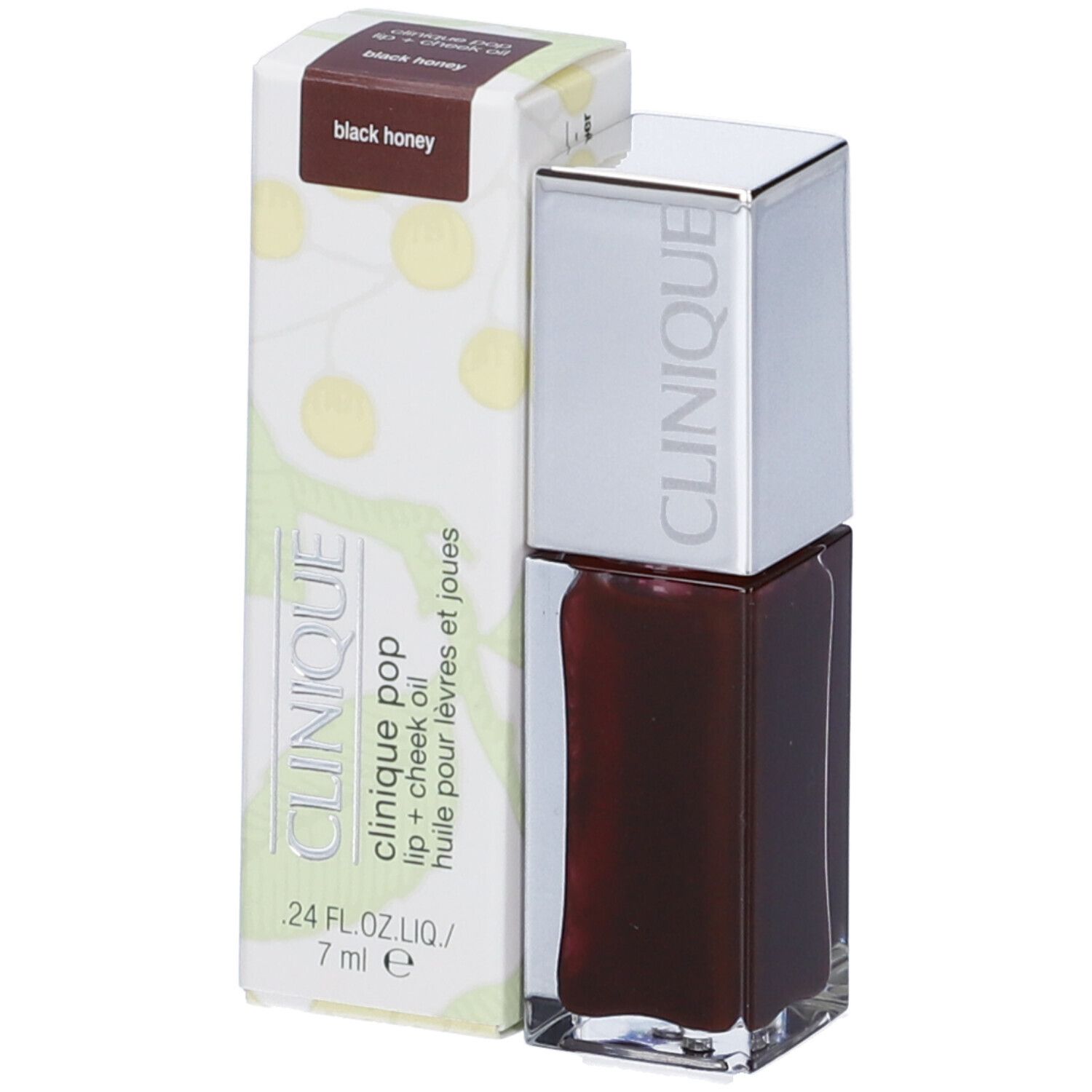 Clinique Pop olio labbra + guance. Black Honey. Flacone e confezione. 7 ml.